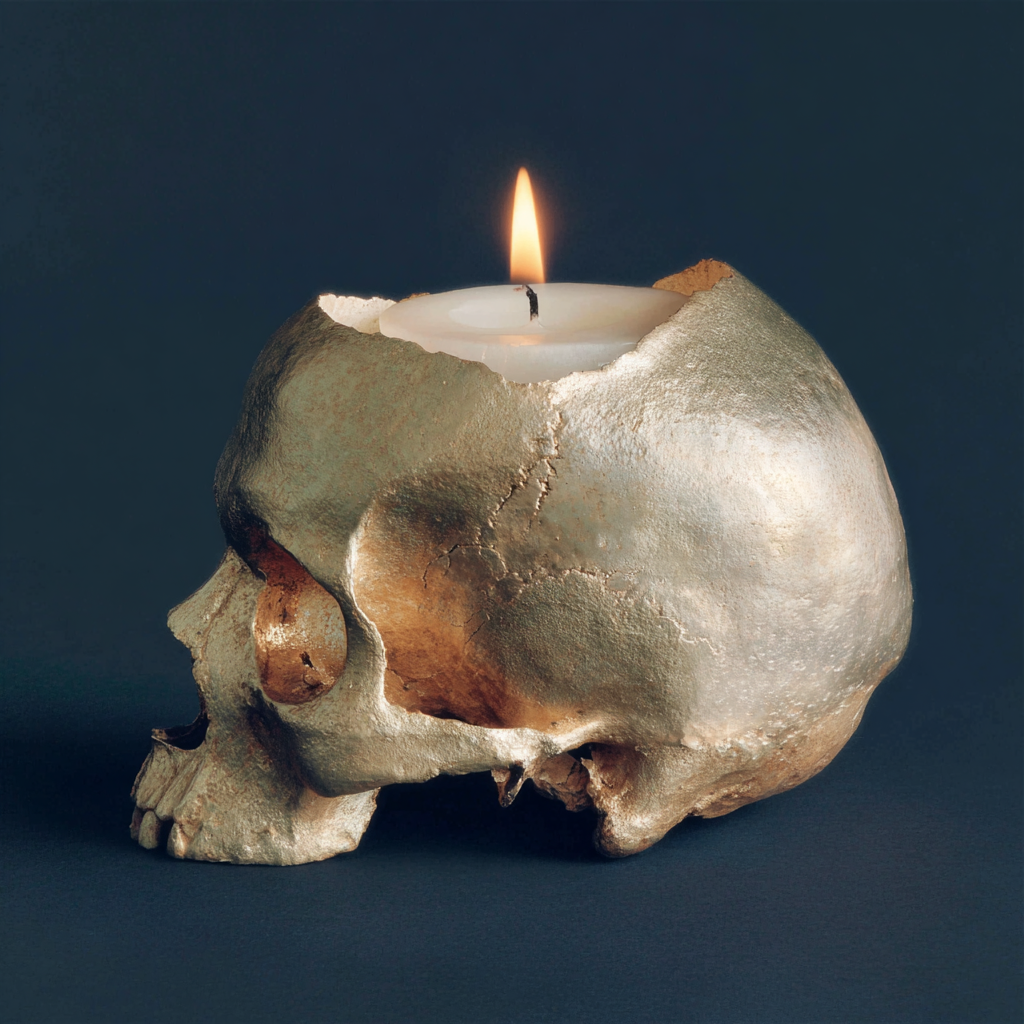 A happy accident: a sideways, non-chrome skull candle with beautiful light
