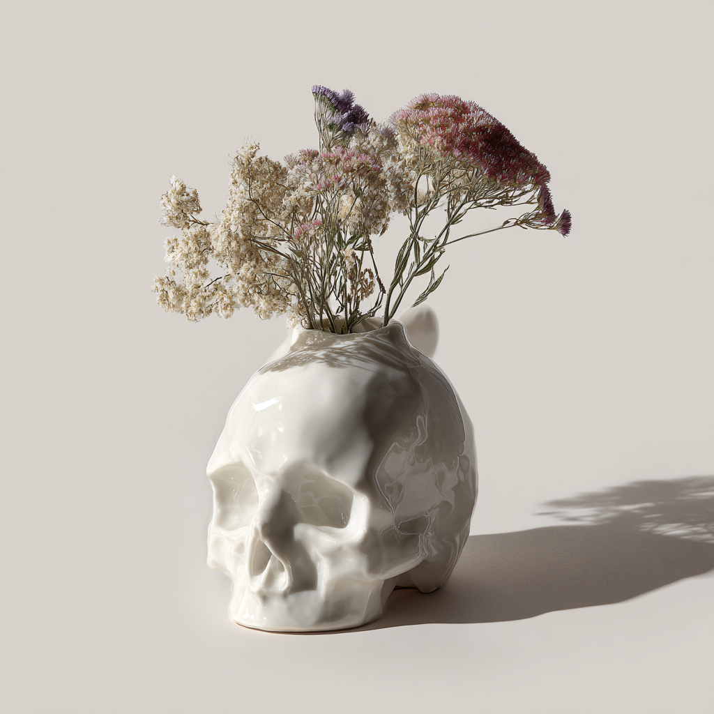 Iteration 1: a glossy porcelain skull vase with no paint texture